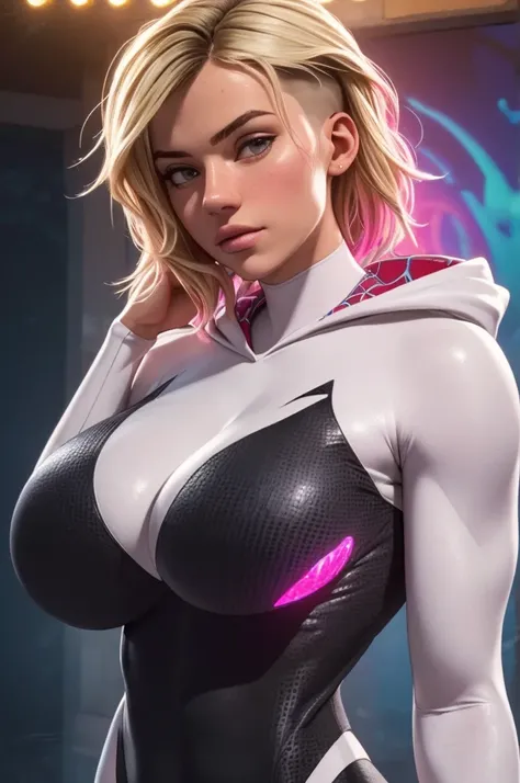 (ultra realistic,32k, masterpiece:1.2),(high detailed skin:1.1),( 8k uhd, dslr, high quality:1.1),
 Gwen, undercut, blonde, multicolored hair, bodysuit, web-print, hood down, , (huge breast:1.1), 
(looking at viewer, Bend forward:1.1),
,(glow in the dark:1...