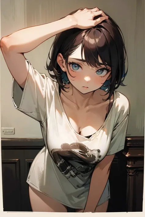 ((masterpiece)), ((best quality)), (Very detailed), Dark, Lovely , (contemptuous), (Exposing breasts), Messy short hair, Look away, White loose T-shirt, Printed shirt, (Loose clothing), vintage, ((Lean forward,)), 露出Lovely, Extended,Put your hands behind y...