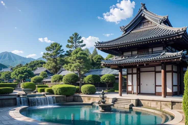 blue sky, blue lighting, japanese building, fountain, day time, HDR, 4k resolution