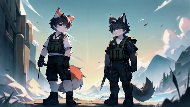 White Wolf，male，juvenile，Two people，black hair，Sky blue eyes，hairy，Hair，Wolf ears，Wolf Tail，Handsome，masterpiece，Soldier，，Black bulletproof vest，Brown tactical ammunition rack，arm，Red neck bib，Short sleeve，shorts，Half a leg exposed，paw，Red meat pads，Short ...