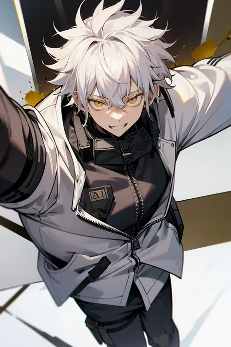 1male , Messy Hair , White Hair , Yellow Eyes , White Yukata , Grey Hair , Insane Smile Expression , Holding a Mask, arms in pockets