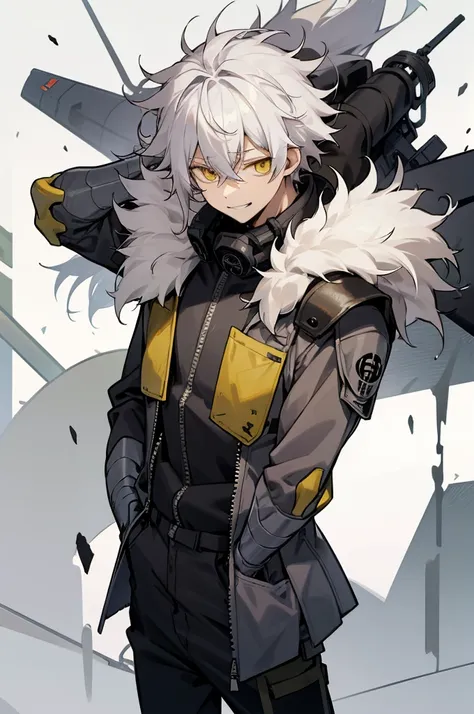 1male , Messy Hair , White Hair , Yellow Eyes , White Yukata , Grey Hair , Insane Smile Expression , Holding a Mask, arms in pockets