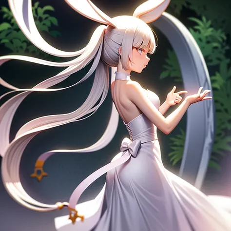 ​masterpiece: Teen Alice, in the middle of the forest wearing a long white dress, Delicate and graceful, dancing, swirling around, in the moonlight, lovely gaze, with bunny ears, best qualityer, 8K, anime styling
