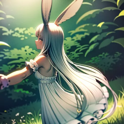 ​masterpiece: Teen Alice, in the middle of the forest wearing a long white dress, Delicate and graceful, dancing, swirling around, in the moonlight, lovely gaze, with bunny ears, best qualityer, 8K, anime styling
