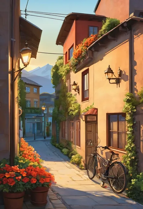 Digital illustration of a serene street scene at sunset. The layout features a narrow road on the right side, leading into the distance with a beautiful view of mountains under a sky painted with warm hues of orange and blue. On the left side, there is a q...