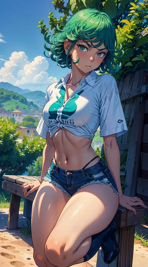 (Obra maistra, Best Quality:1.2), cowboy shot, Alone, 1 girl, Tatsumaki, libidinous, Closed mouth, mirando al ispectador, is, Wide hips, shirt, Short shorts, correa, squats, legs open, blue sky, erotica,