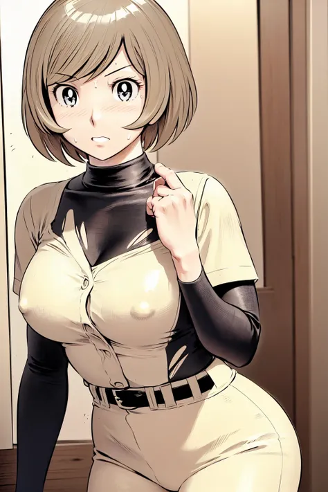 (野球uniform:1.2),
Blonde, (short hair:1.2),Long sleeve, Black Shirt, turtleneck,White trousers、uniform、Black belt、((Illustration of a person))、big 、
View your viewers,, (Highest quality:1.3),One Girl, White pants、uniform、Outdoor、baseball ground、ground、soil、...