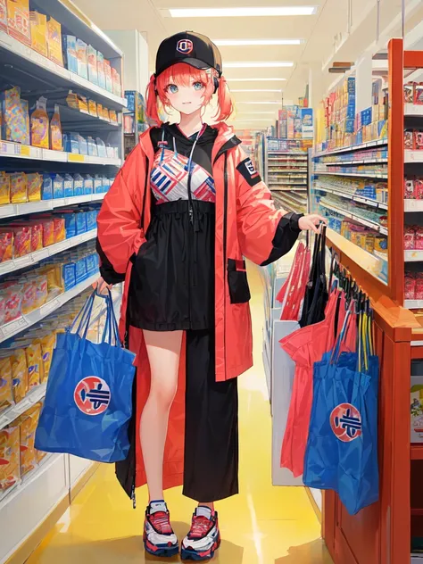 There is a woman in costume standing in the store, Japanese Streetwear, rena noun pattern 3/4, She&#39;s wearing street clothes, Anime style, (new tokyo), Jpop clothing, Wearing Japanese tech clothing, Anime style, japanese street fashion, Sakimichan, Insp...