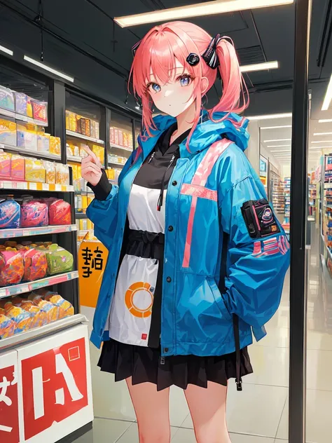 There is a woman in costume standing in the store, Japanese Streetwear, rena noun pattern 3/4, She&#39;s wearing street clothes, Anime style, (new tokyo), Jpop clothing, Wearing Japanese tech clothing, Anime style, japanese street fashion, Sakimichan, Insp...