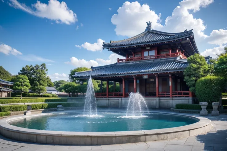 blue sky, blue lighting, japanese building, fountain, small cloud, day time, HDR, 4k resolution