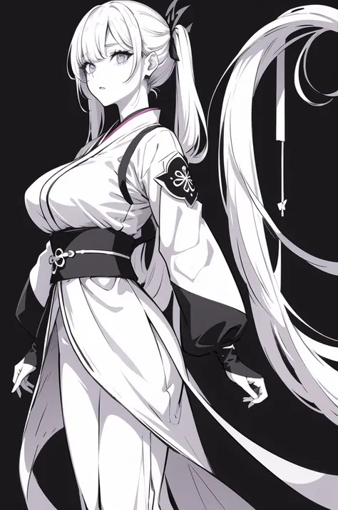 (1 girl), (long hair), hair over one eye, hanfu clothes , big breast, monochrome, lines, cross, ((liner background)), twin pony ...