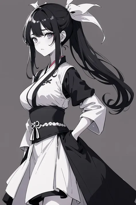 (1 girl), (long hair), hair over one eye, hanfu clothes , big breast, monochrome, lines, cross, ((liner background)), twin pony ...