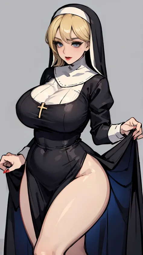 A mature woman, wearing a black nun dress, blonde hair, blue eyes, smooth legs, huge chest, plump hips, lipstick, eye shadow.