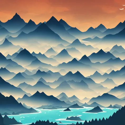 A scenic panoramic view of mountain, river, sky, vector style