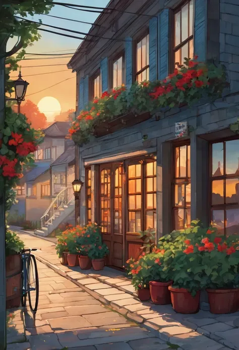 Digital illustration of a serene street scene at sunset. The layout features a narrow road on the right side, leading into the distance with a beautiful view of mountains under a sky painted with warm hues of orange and blue. On the left side, there is a q...