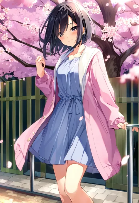 Nakano　Ichika、Black Hair、アシンメトリーShort Hair、Short Hair、smile、blush、beauty、Less exposed skin、cherry blossoms、Cute clothes、casual、Jacket、dress、One Girl、chest　A Cup