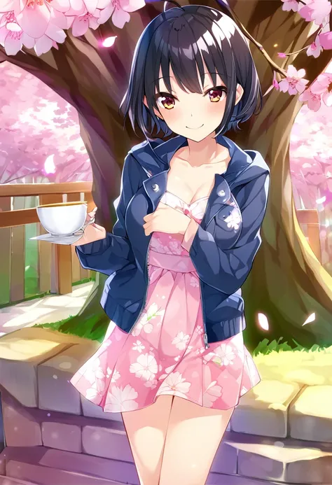 Nakano　Ichika、Black Hair、アシンメトリーShort Hair、Short Hair、smile、blush、beauty、Less exposed skin、cherry blossoms、Cute clothes、casual、Jacket、dress、One Girl、chest　A Cup