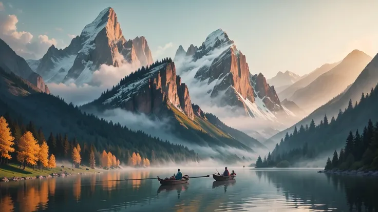 This photo shows a mountain landscape with towering mountain ranges shrouded in mist. In this landscape there is a still river or lake, with a small boat and two people rowing it. Around there are ancient trees with colorful leaves, creating a very peacefu...