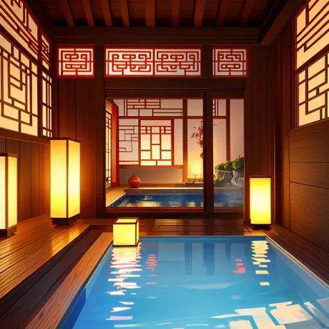 Warm Chinese style bedroom interior scene with hot spring pool