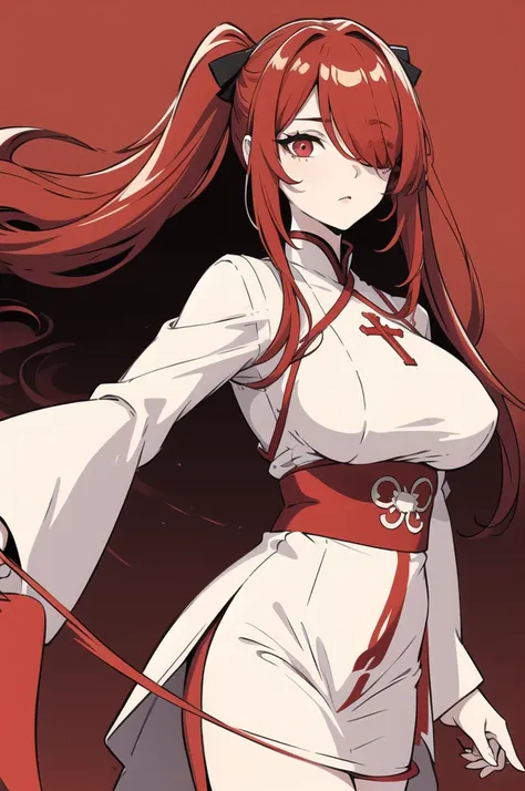 (1 girl), (long red hair), hair over one eye, {{{red and gold eyes}}}, hanfu clothes , big breast, monochrome, lines, cross, ((l...