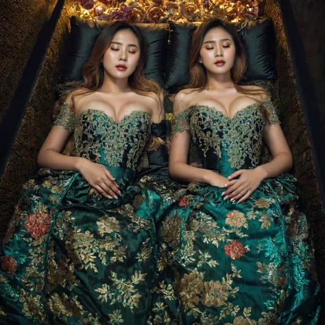 In a striking 8K HDR scene, a stunning Korean woman, 22 years old, lies peacefully in a black coffin surrounded by plush pillows. The deep box is set against a rich black background, accentuating the beauty of the subject. Her exquisite kebaya attire is em...