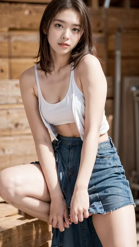 open shirt, (((leaning forward))), ((,round face, around 17 years old,mini skirt、a loose-fitting tank top)),  long hair, , natur...