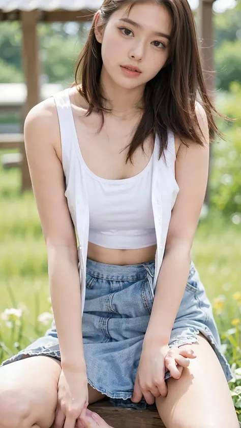 open shirt, (((leaning forward))), ((,round face, around 17 years old,mini skirt、a loose-fitting tank top)),  long hair, , natur...