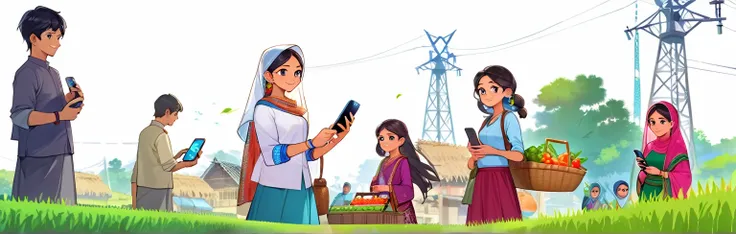 (Bangladesh)), poster image of a vibrant landscape of Bangladesh, where tradition and technology converge, a Smart Village emerges., Smart Village: Bridging Tradition and Technology Connected Community: Villagers embracing the internet and computers, enhan...