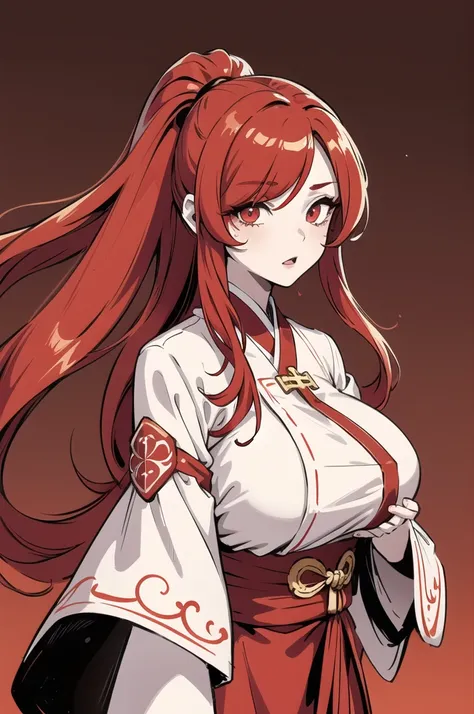 (1 girl), (long red hair), hair over one eye, {{{eyes red and gold}}}, hanfu clothes , big breast, monochrome, lines, cross, ((l...