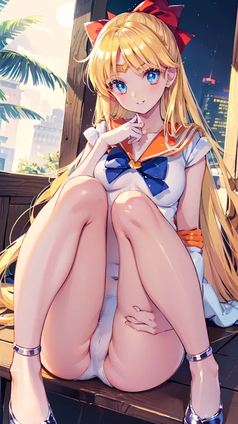 1girl, Angle from below:1.8, ((Sitting with legs spread and showing off her panties)), (Moonlit night)、(On the roof of a building)、thighs、(shiny White skin:1.6)、blue eyes, ((Slim figure)), (12 years old girl), (A sadistic and malicious grin), ((pantiess))、...