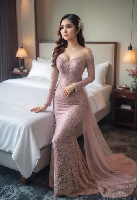 a woman in the wedding kebaya, full body,mermaid tight long kebaya, flowy dramatic long kebaya,very long flor length gown, tall ...