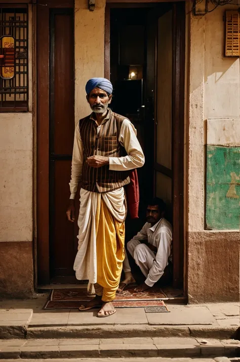 A indian poor unemployed man, looking at a well-fed hotel in the street mode, will find his pocket empty