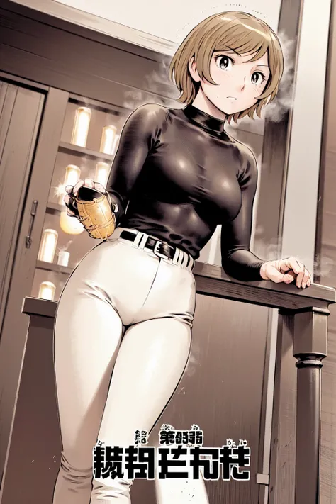 (野球uniform:1.2),
Blonde, (short hair:1.2),Long sleeve, Black Shirt, turtleneck,White trousers、uniform、Black belt、((Illustration of a person))、big 、
View your viewers,, (Highest quality:1.3),One Girl, White pants、uniform、Outdoor、baseball ground、ground、soil、...