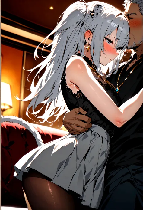 NSFW,masterpiece,Highest quality,High resolution,Super detailed,Shishirabotan(Hololive),Long Hair、Two Side Up、Earrings、Lion&#39;s Tail,necklace、Black Shirt、Sleeveless shirt、abdomen、See-through、Grey Skirt、片足pantyhose、pantyhose、Off the shoulder,Black sexy pa...