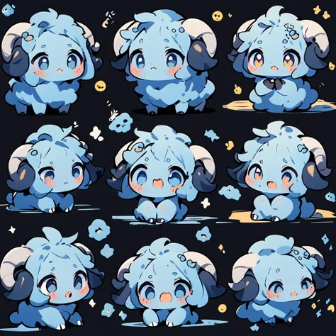 A whimsical blue sheep。emoji，anthropomorphic style，black strokes，solid background color，different emotions，multiple poss and expressions.8K--ar 3:4 --style cute --niji 5