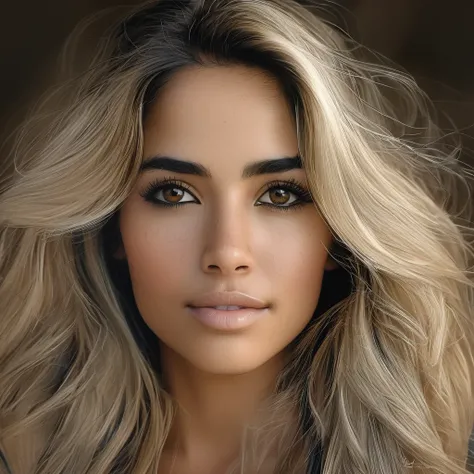 A photorealistic portrait of a 28-year-old Brazilian-Indian woman with a mix of both her ethnic features. She has an oval face, straight black hair, striking grey eyes, and wheatish skin with light brown tone highlights. The woman is extremely beautiful, w...