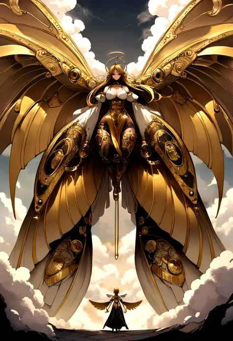 steam punk angel, gold ornaments, full body, gigantic wings, powerfull, intimidating