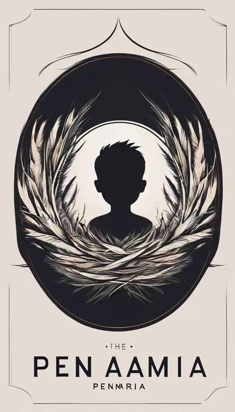 A minimal, modern, simple, cinematic logo design for the brand “Penamemoria". Create a modern, minimalistic, high-quality, logo of a boy inside a nest made of feathers. The logo must be a symbol for dreams, stories, memories, music and imagination.