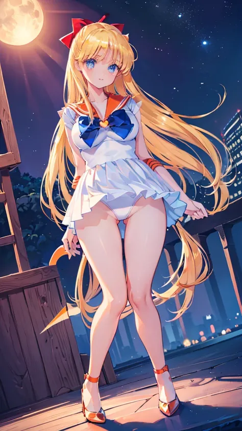 1girl, (Angle from below:1.8), ((Standing with legs apart and showing off her panties)), (Moonlit night)、(On the roof of a building)、thighs、(shiny White skin:1.6)、blue eyes, ((Slim figure)), (12 years old girl), (A sadistic and malicious grin), ((pantiess)...