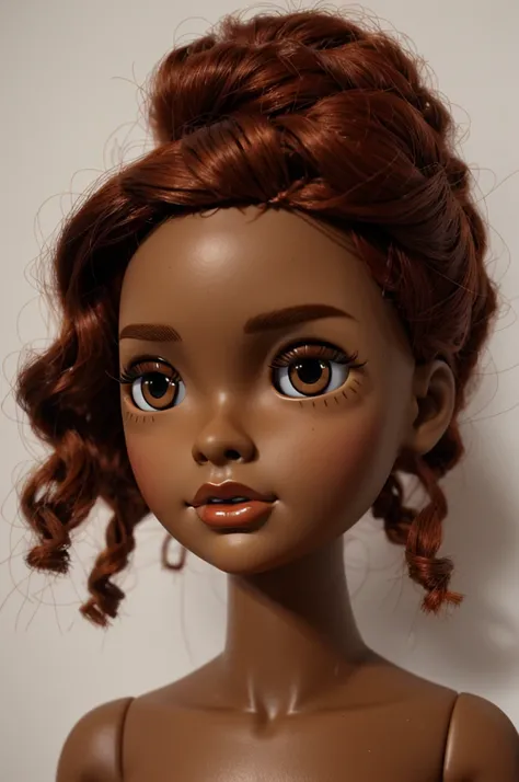 Blythe doll red hair up to the bust, BROWN SKIN, outlined, a cut at the beginning of the eyebrow, dark brown eyes