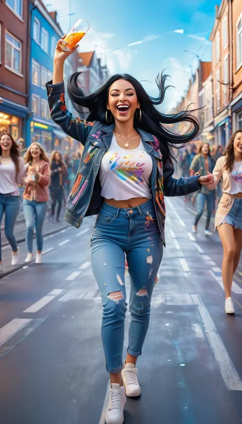 Adult women with STRAIGHT and LONG BLACK HAIR, dutch, dressed in urban clothes, In an urban landscape and holographic signs、DANCING HAPPY. HANDS RAISED on the road. are drinking and laughing, The background is modern, high tech vibe. Lovely Digital Paintin...