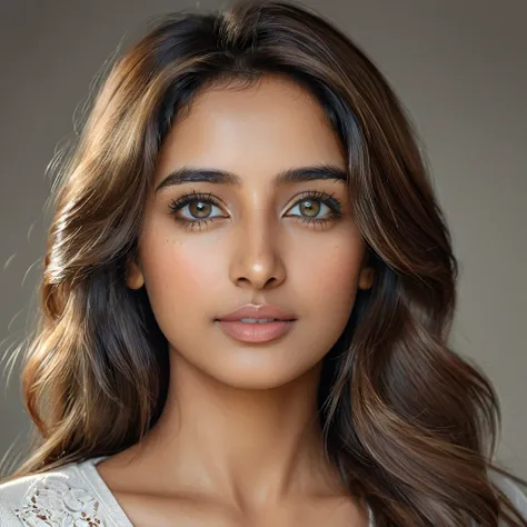 A photorealistic portrait of a 28-year-old Indian woman with long, dark hair, grey eyes, and a beautiful oval face. She is dressed in a modern top, emphasizing her wheatish skin with light brown tone highlights and beautiful lips. The image should be high ...