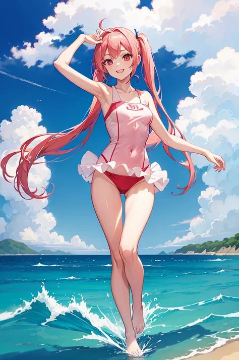 1girl, beautiful girl, cute girl and idol face, young face, smile, Beautiful long pink hair, twintails, Beautiful shining red eyes, white skin, slender, Short body, navy blue One-piece swimsuit, show full body, Summer Sea, Seaside, bathing beach, Girl play...