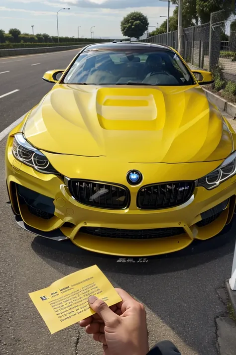 The image shows a yellow BMW M4 parked in a lot. In the foreground, a hand is holding a piece of paper with the text “@sextripin” written on it.