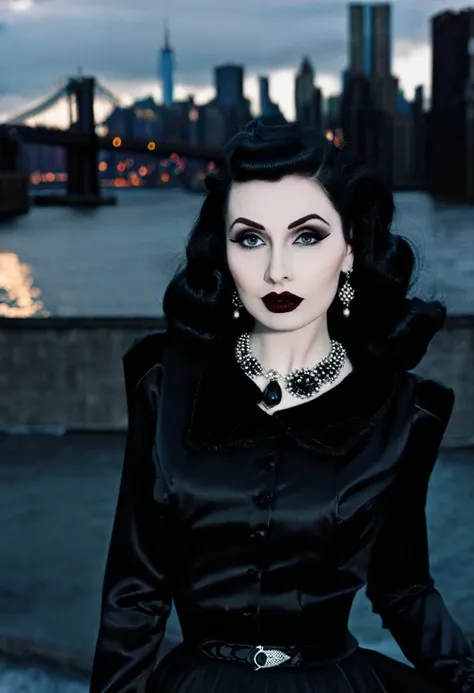 Image of Marionne a white skin girl, black hair, grey eyes, BLACK LIPS, gothic aesthetic, vamp, He wears a formal feminine outfit in dark colors from the 1950s, with New York City in the year 1950 in the background.