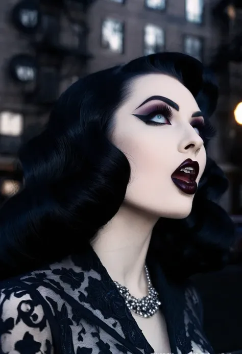 Image of Marionne a white skin girl, black hair, grey eyes, BLACK LIPS, gothic aesthetic, vamp, He wears a formal feminine outfit in dark colors from the 1950s, with New York City in the year 1950 in the background.