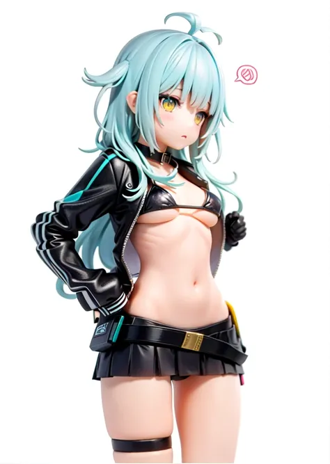 1girl, cute, bangs, teal_hair, blush, hair_between_eyes, black_jacket, long_hair, yellow_ribbon, microbikini, scifi_collar, swimsuit, miniskirt, combat_belt, skinny, simple_background, solo, spoken_squiggle, squiggle, whitebackground