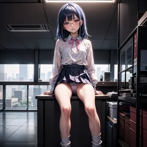 One woman（10 years old）、Glaring face、Long, blue hair、Thin glasses、White clothes、See-through shirt、ribbon、Short pleated skirt、Pink underwear、loose socks、Inside a skyscraper office at night、Spread your legs、Thin and lean legs