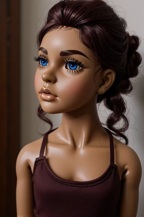 blythe doll dark burgundy hair up to the bust, BROWN SKIN, outlined, a cut at the beginning of the eyebrow, dark brown eyes, blue tank top 