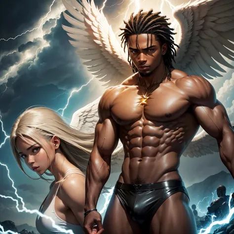 Mighty male angel brown skin complexion with lightning emitting from his being protecting female angels in the back ground from danger